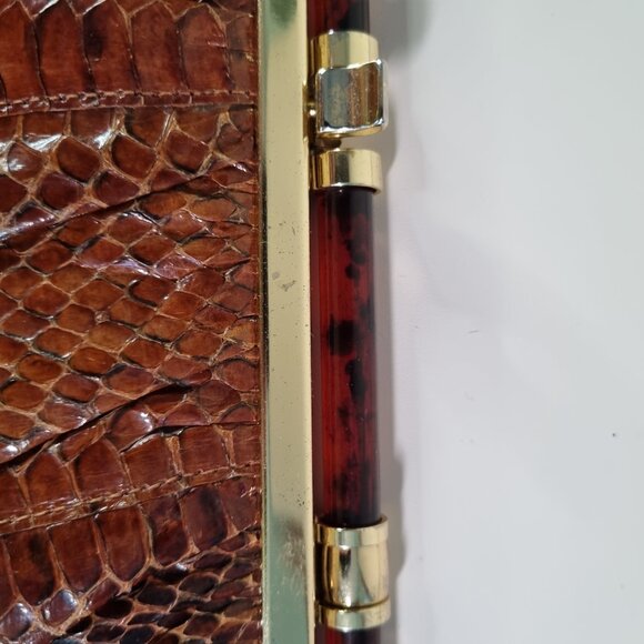 Vintage Brown Faux Snakeskin Clutch Bag with Tortoiseshell Handle & Gold Chain - Picture 4 of 6